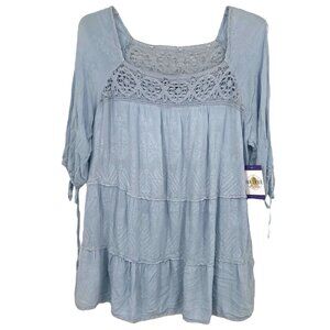 Denim 24/7 Top Womens 18W Blue Crochet Lace Embroidered Boho Peasant Cottagecore